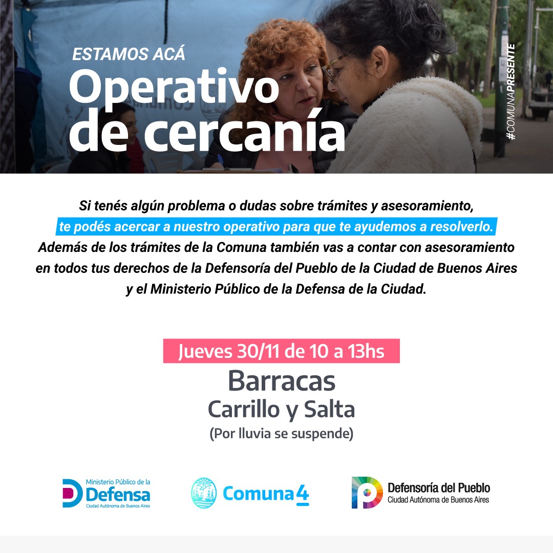 bacomuna4's tweet photo. ⬇️ Operativo de Cercanía en #Barracas
Los operativos de cercanía son un espacio para conocer y acompañar las necesidades de las y los vecinos de nuestros barrios.
📍Jueves 30/11 - 10 a 13 hs. - Carrillo y Salta - #Barracas
#ParticipaciónCiudadana
#ComunaPresente https://t.co/Sm8iLClI2e