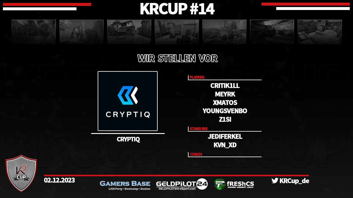 Unser 5ter Teilnehmer ist <a href="/CryptiqeSport/">Cryptiq</a> , Sie haben auch einige Lineup Änderungen im Gegensatz zum #KRCUP 13, so haben Sie sich mit 
MeyRK, YoungSvenBo, KVN_xd verstärkt.
weiterhin dabei sind JediFerkel, KASH_PARA, <a href="/xMXTOS/">MATOS</a> und @z1si_cs 
wir wünschen Viel Erfolg bei dem Cup