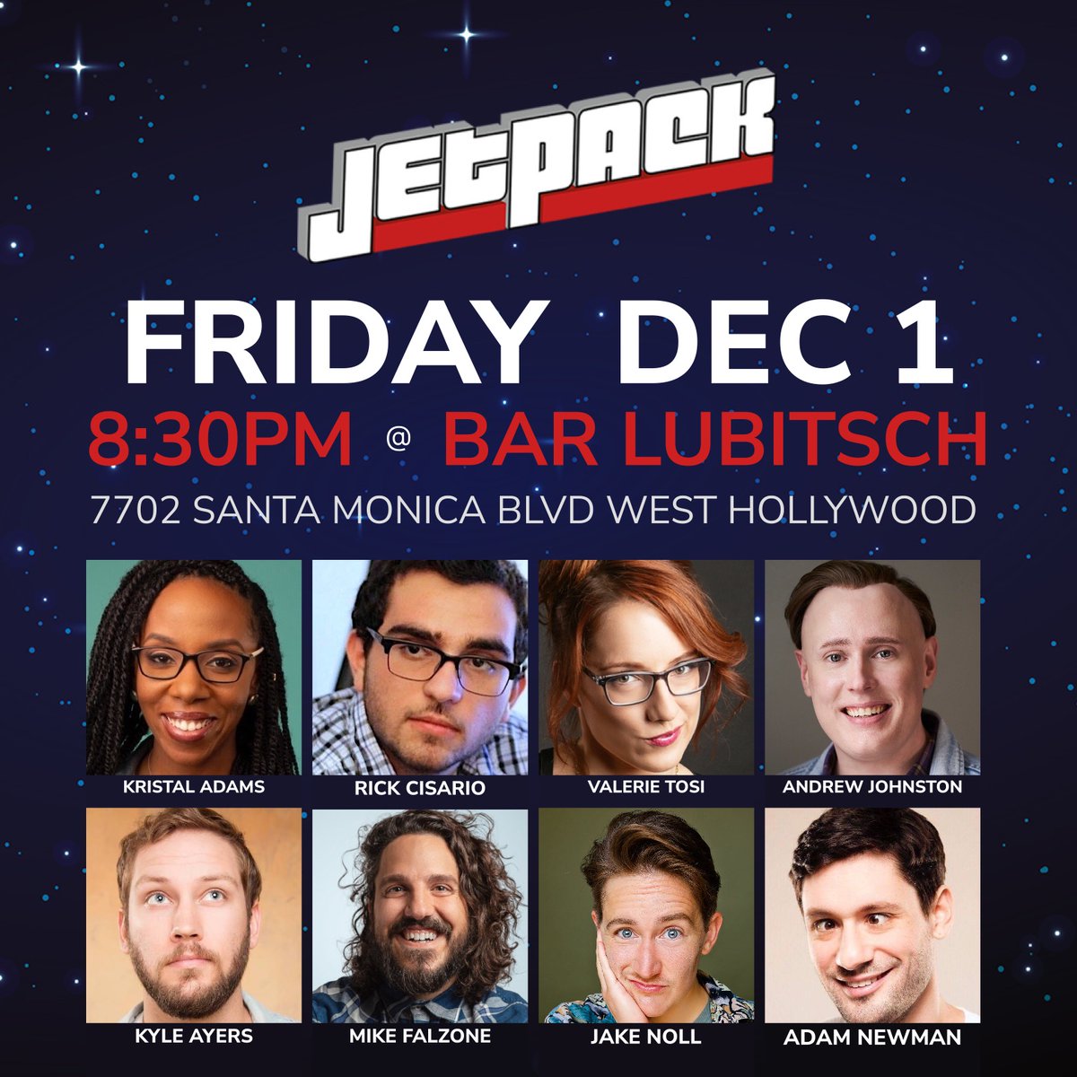 🚀 Hooo boy we've got a hot standup show for you this Friday. No drink minimum, no overpriced chicken fingers, just top shelf comedy. @thedarkkristal @rcisario @valerie_tosi @_andrewjohnston @kyleayers @mikefalzone @jakersnoll @Adam_Newman Get tickets: jetbook.co/e/jetpack-come…