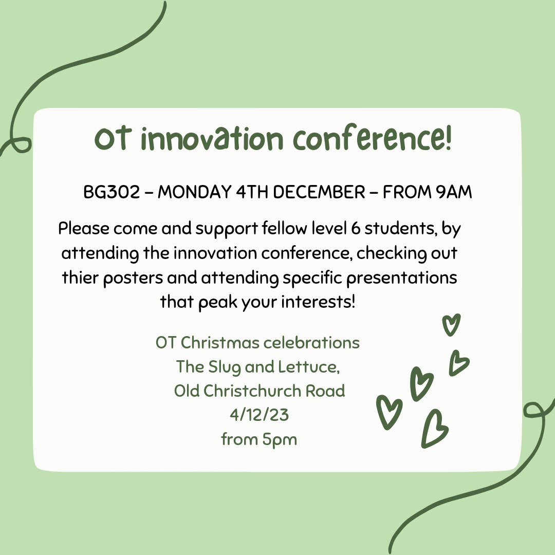 The OT society would like to extend our best wishes to the level 6 cohort at their upcoming innovations conference this Monday.

We strongly encourage our fellow OT students to come along and see what our future projects may look like. 

Look forward to seeing you there :) 
💚💚