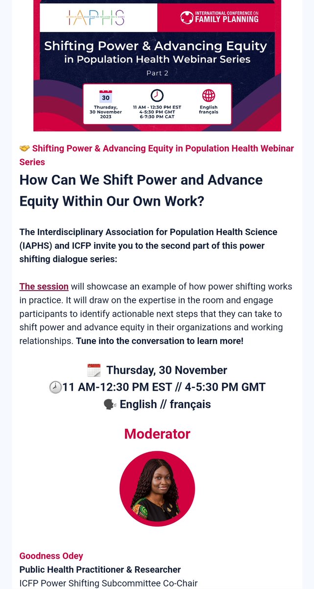 GoodnessOdey's tweet photo. How do we "walk the talk" to really shift power in practice? 

Join us tomorrow as we learn from the #powershifting stories of  inspiring speakers 
Register
https://t.co/XkeIxc48Zt

@ICFP2022 @youngandalivetz @ibp_network @ia4phs @PRBdata @QMUL @PARC @GatesJHU @Letthemknow_gra https://t.co/AblHOF8UUh
