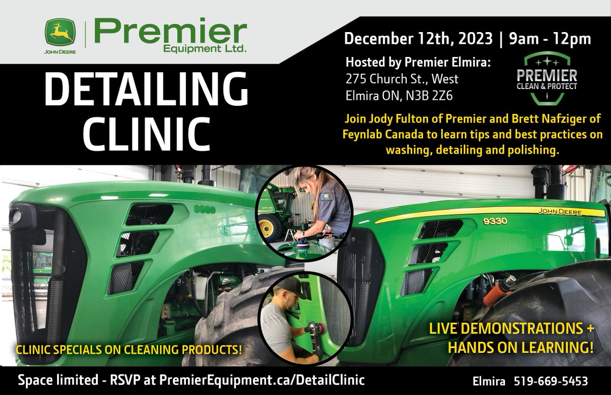 Interested in tips and techniques to clean, protect or restore the look of your equipment? Attend our first ever Detailing Clinic - hosted by Jody Fulton and Brett Nafziger at our Elmira Location - December 12 at 9am. Space is limited - visit premierequipment.ca/DetailClinic to register!