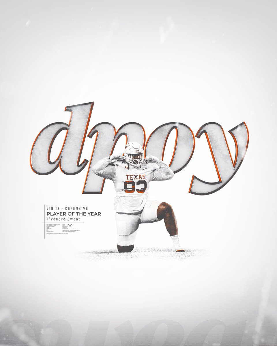 TexasFootball's tweet photo. T'Vondre Sweat has been named Big 12 Defensive Player of the Year! @TvondreSweat 🤘 https://t.co/ewE8dZAcry