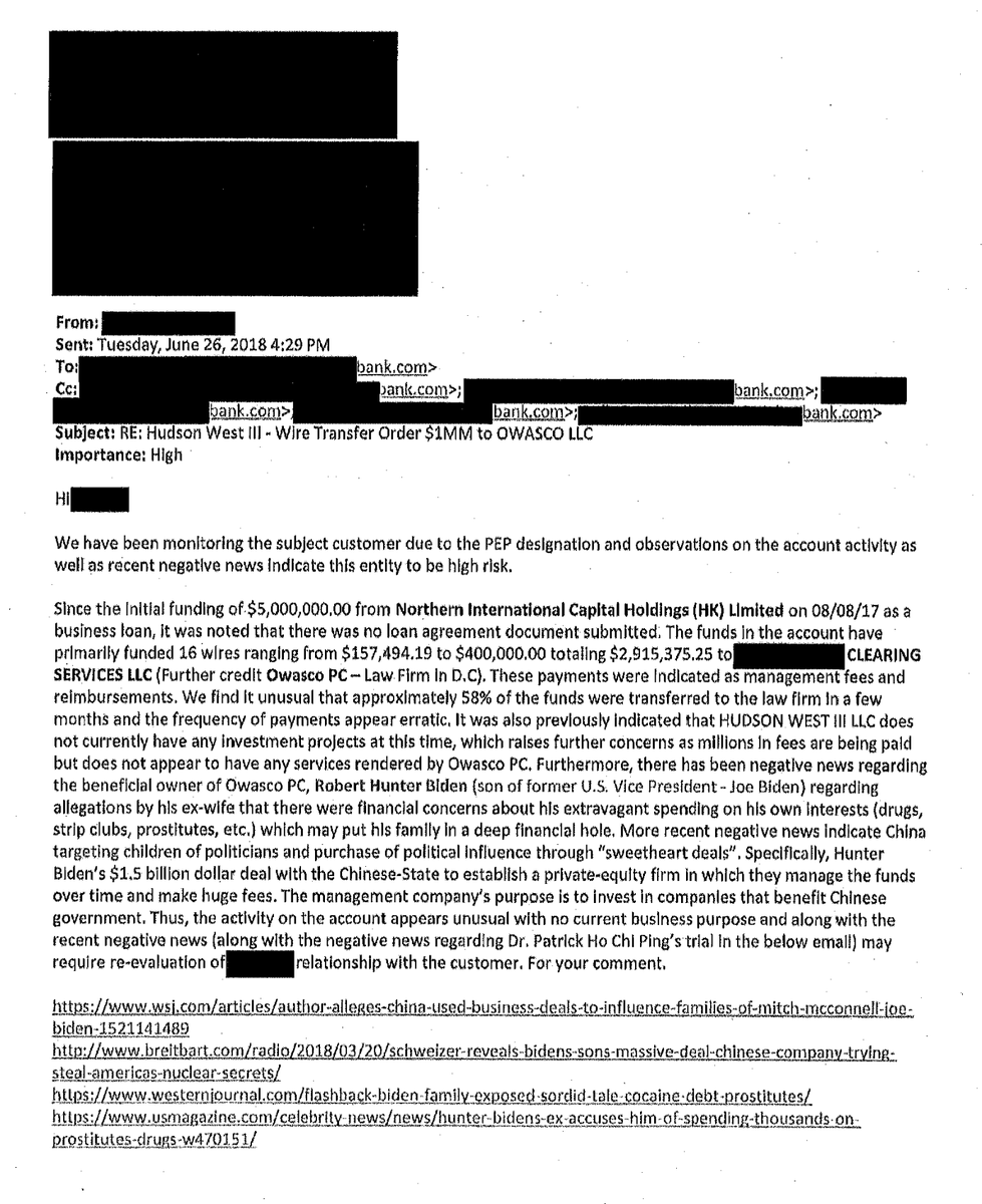 RepJamesComer's tweet photo. 🚨BREAKING🚨

I am releasing a 2018 email from a bank money laundering investigator who raised the exact concerns that @GOPoversight raised publicly about the Biden family business:

"Payments appear erratic"
"No business purpose"
"China targets children of politicians" https://t.co/8RNYrrMwGn