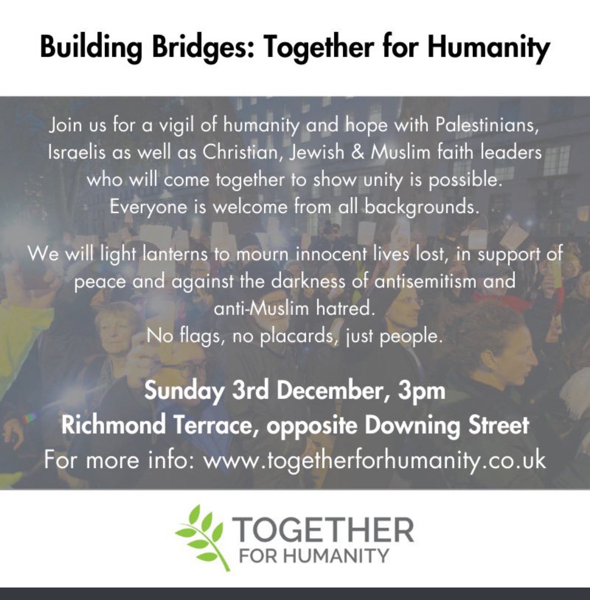 Jemima_Khan's tweet photo. Join me on Sunday at 3pm outside Downing St where bereaved Palestinian and Israeli families will unite to lead a vigil against hatred, alongside prominent imams and rabbis.  
 
If those families who have lost loved ones refuse to give in to vengeance, retribution and hatred, then we must also refuse to allow extremists to weaponise their grief & create more division.

Magen Inon’s parents were both killed in Israel by Hamas on the 7th of Oct said:
 
“It is unbelievable that while mourning the murder of both my parents, I have to witness extremists use our grief and tragedy to promote their hatred. This wouldn't have been my parents' wish”
 
Hamze Awawde a Palestinian peace activist who lives in Ramallah, the occupied West Bank, said:
 
“The pain and suffering this war has unleashed is unimaginable...We are deeply traumatised by the ongoing situation. But if anyone thinks stoking antisemitism and anti-Muslim hatred is the best response, you are wrong. We can only solve this conflict in the long term if we stop dehumanising each other. Please don’t make this conflict even worse by importing its tensions into the UK - instead people should channel their energies into lobbying the government to support peace and reconciliation between Israelis and Palestinians.”
 
Please join us. 
#Together4Humanity 

And please RT.