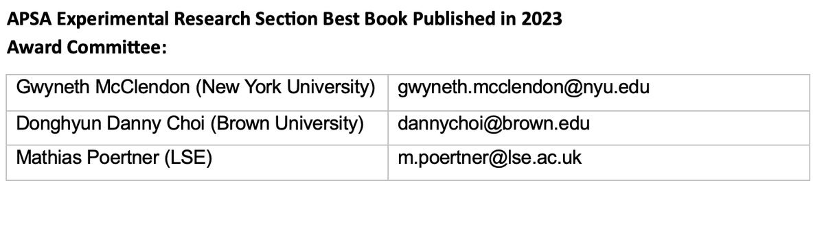 Please submit nominations for APSA's Experiments Section's best book award! We will consider books that either use or are about experimental research methods in the study of politics. @MathiasPoertner @GManMac (Reposting because there has been a change in the committee.)
