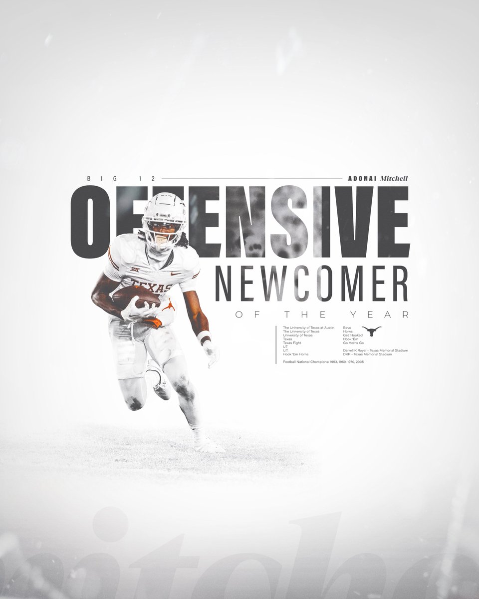 TexasFootball's tweet photo. Big 12 Offensive Newcomer of the Year

Adonai Mitchell 🤘 @MoCityMitch https://t.co/kflxRlKmx9