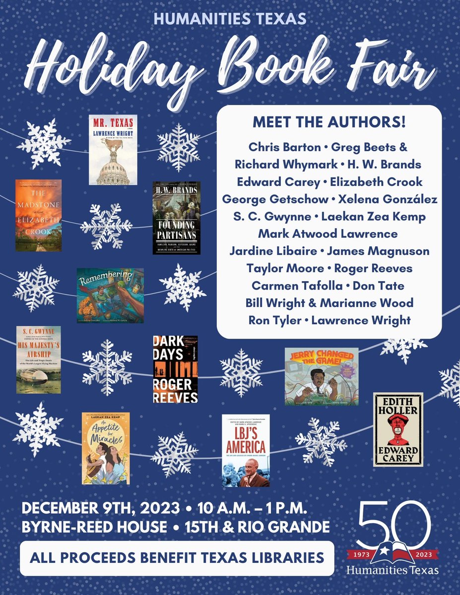 ✨Meet 22 Texas authors, buy their latest books, and enjoy festive treats at the annual Humanities Texas HOLIDAY BOOK FAIR! ✨bit.ly/hbf2023 #htxbookfair 📚