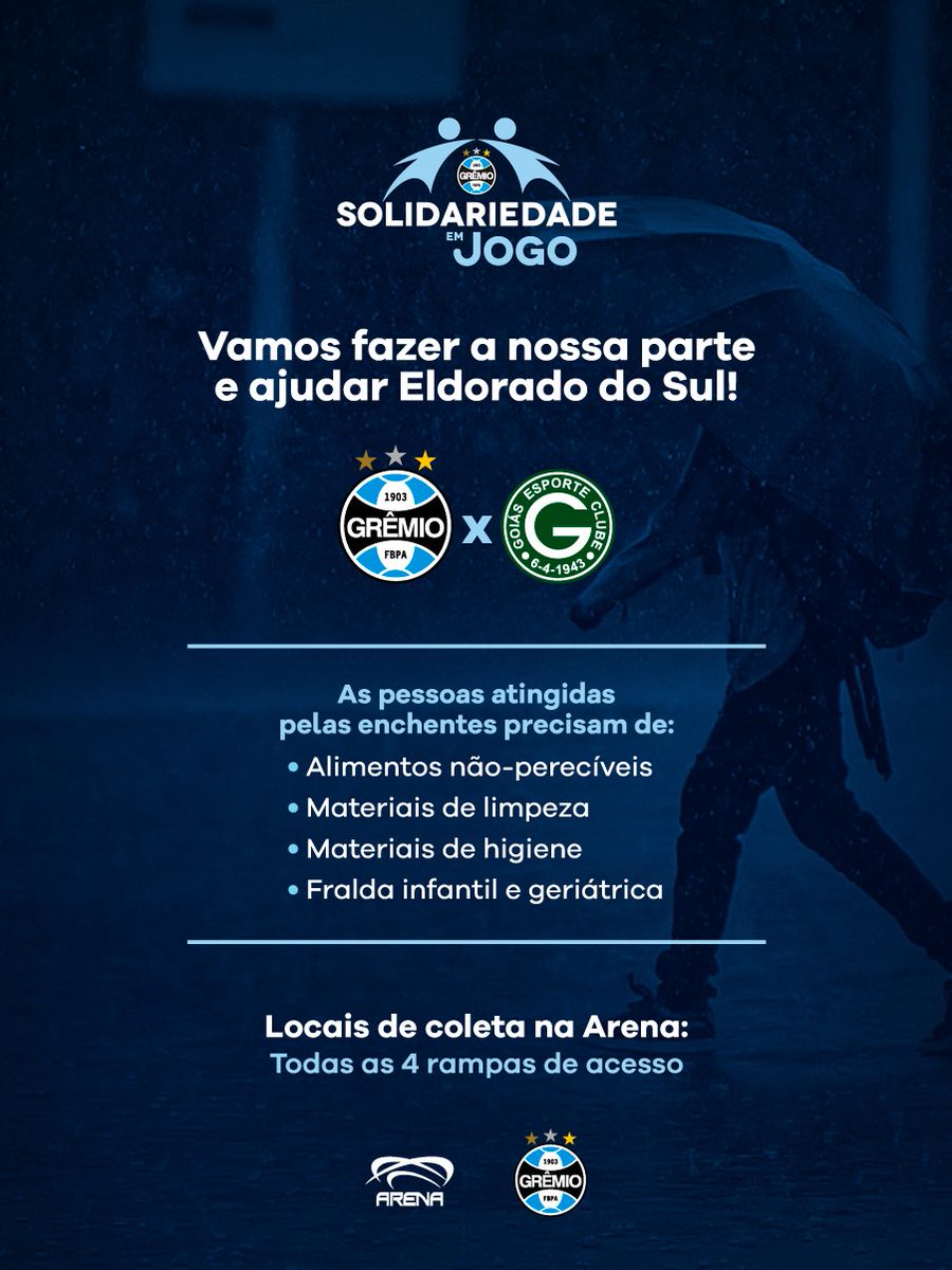 #DiaDeGrêmio e de solidariedade 🇪🇪 Amanhã, traz tua doação para ajudar a comunidade de Eldorado do Sul. Cerca de 60% da população de lá foi atingida pelas cheias e precisa do nosso apoio! Juntos por essa causa!

Também serão aceitas doações via PIX da Defesa Civil: 51 985951493
