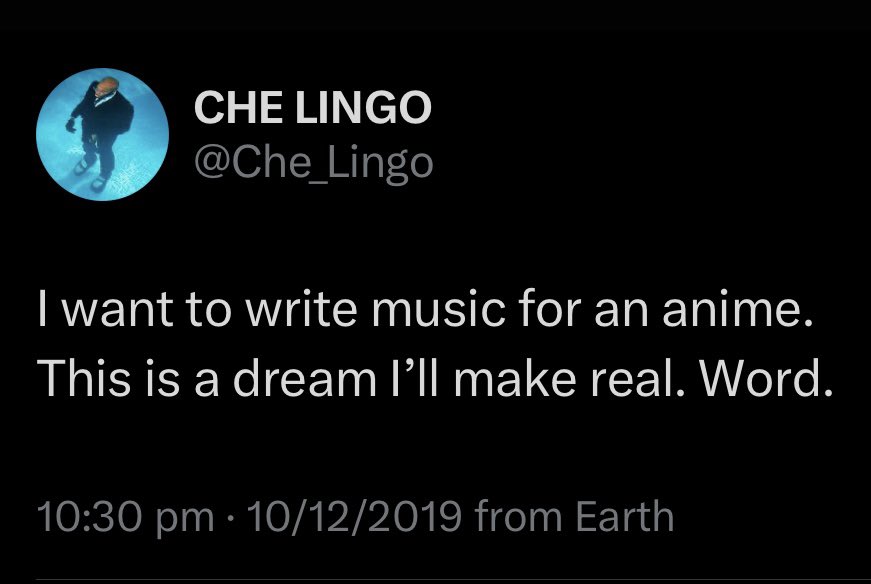 CHE LINGO (@che_lingo) on Twitter photo Tweeted this in 2019:
2020: I was the first UK artist to write for a major Japanese TV anime. #JujutsuKaisen
2022: I hosted a podcast with Amazon Prime, Introducing Anime to new audiences #AnimeToZ
2023: I composed the first original soundtrack <a href="/Crunchyroll/">Crunchyroll</a>’s global trailer Tweeted this in 2019:
2020: I was the first UK artist to write for a major Japanese TV anime. #JujutsuKaisen
2022: I hosted a podcast with Amazon Prime, Introducing Anime to new audiences #AnimeToZ
2023: I composed the first original soundtrack <a href="/Crunchyroll/">Crunchyroll</a>’s global trailer