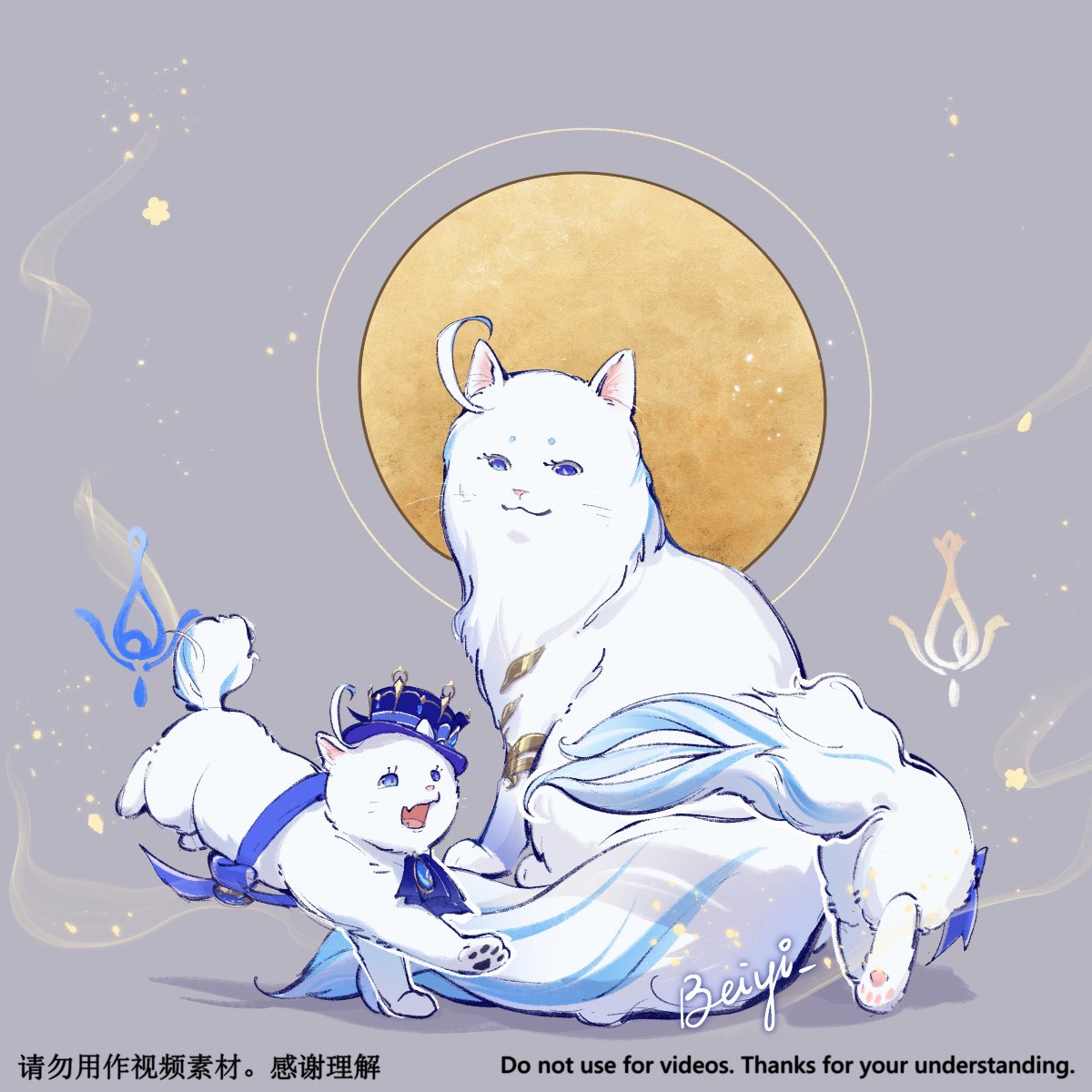 furina (genshin impact) cat no humans hat white cat moon grey background blue eyes  illustration images