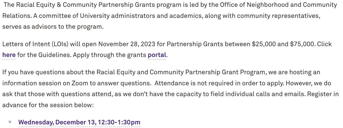 FUNDING: @NorthwesternU Racial Equity & Community Partnership Grants to foster mutually beneficial partnerships btwn community-based orgs & @NorthwesternU that address root causes of racial inequities. $25K- $75K Info session Dec 13. LOI due Jan 26, 2024 northwestern.edu/communityrelat…