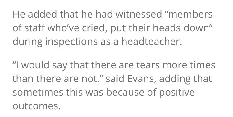 So it's quite normal for teachers to cry in an #ofsted inspection. Do Ofsted think this is acceptable? Reducing professionals to tears? I'm sure the shortage of teachers has nothing to do with this.....

#abolishofsted