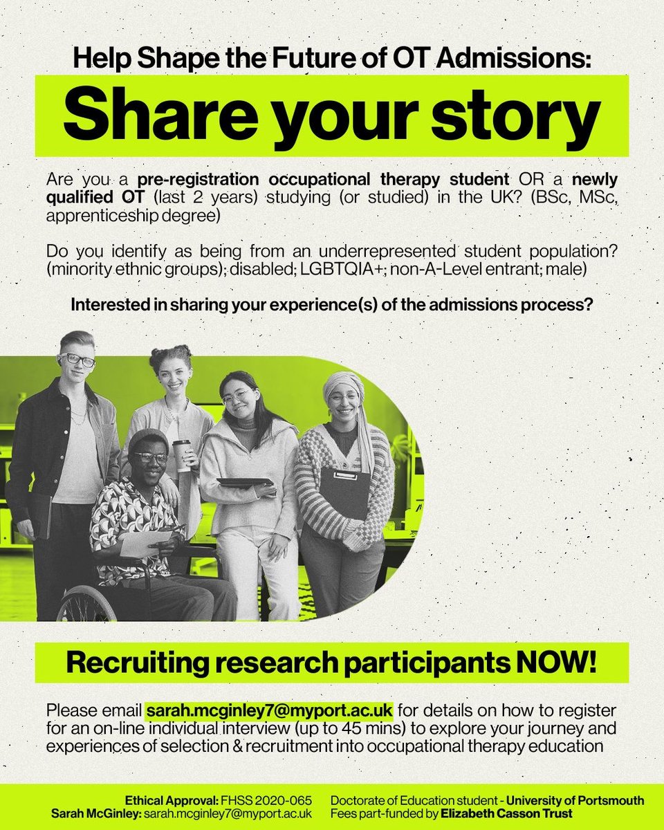 Delighted to receive ethical approval to extend participant recruitment to NQOTs (last 2 years) so if you identify as being from an underrepresented student/workforce population & would be interested in an interview, please get in touch 💚🙏🏻 Please share with new graduates 🎓!