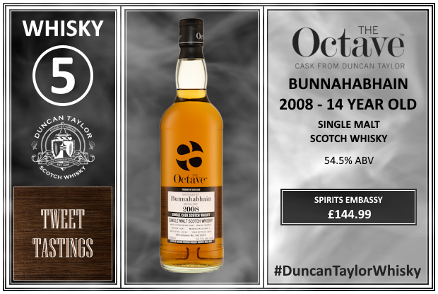 Right, it’s time to move onto our fifth and final dram of the night; <a href="/dtcwhiskies/">Duncan Taylor Co</a> The Octave Bunnahabhain 2008. What sensory story does this one tell on the nose? #DuncanTaylorWhisky #Scotch #Whisky