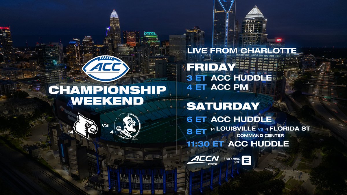 ESPNPR's tweet image. This weekend, @accnetwork offers extensive coverage of the 2023 @ACCFootball Championship as No. 14 @LouisvilleFB plays No. 4 @FSUFootball for the title

ACCN's signature shows #ACCHuddle &amp;amp; #ACCPM will both be onsite live from Charlotte

More: bit.ly/3GkdgdB