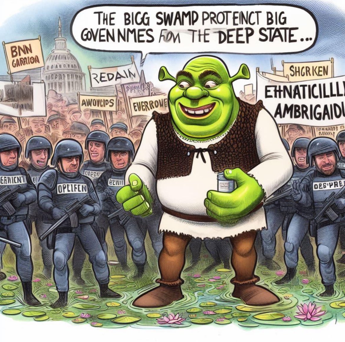 Ben Garrison style cartoon of Shrek protecting his swamp from the deep state