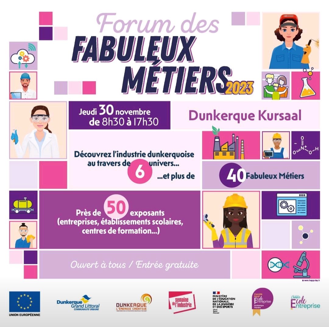 🎯 RDV demain au #ForumDesFabuleuxMétiers au Kursaal de Dunkerque à partir de 8h30 

✅ plus de 50 entreprises
✅ des salariés qui vous parlent de leurs métiers
✅ des opportunités d'emploi
✅ des offres de stages
✅ des tests de mise en situation, casques virtuels,...