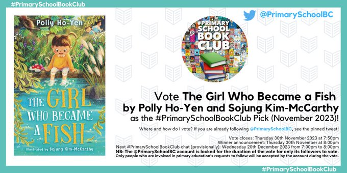 Vote for us! The Girl Who Became a Fish has been included in the #PrimarySchoolBookClub November 2023 vote this evening. Hooray! Fish scales for all! Head to @PrimarySchoolBC and vote for it using the pinned tweet! @_KnightsOf @EisharKaur @DA_Agency @LitAgentClare