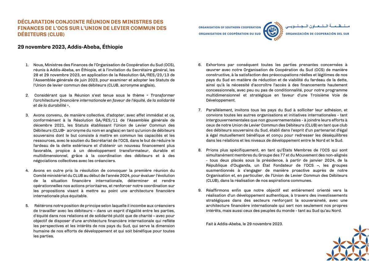 OCS_Fra's tweet photo. Déclaration Conjointe Réunion Des Ministres Des Finances De L’OCS Sur L’union De Levier Commun Des Débiteurs (CLUB)

https://t.co/zSSirceCUB https://t.co/RoFOPWZcQe