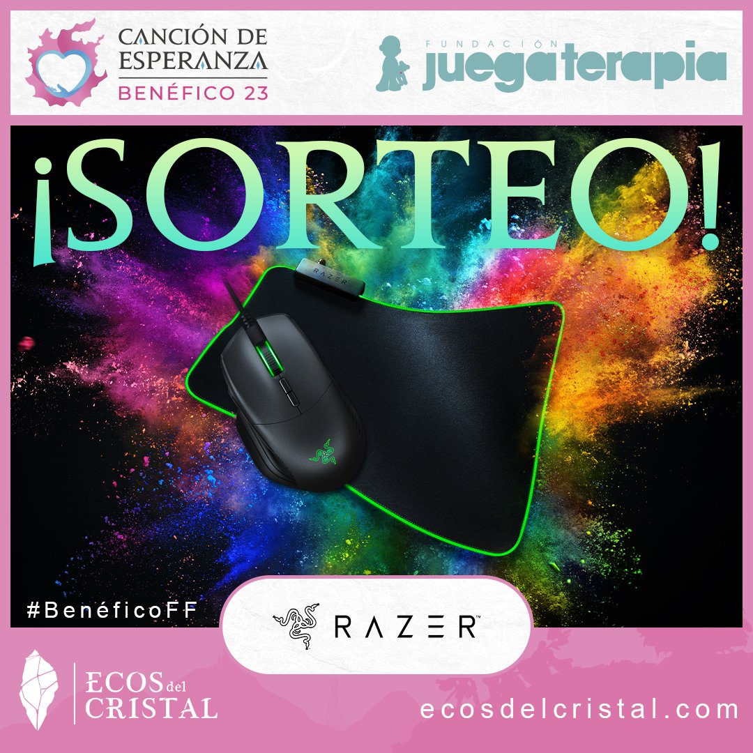¡Sorteo de <a href="/RazerES/">R Λ Z Ξ R 🇪🇸</a> de un ratón Basilisk y alfombrilla Goliathus Chroma!

Sorteo con motivo del evento benéfico de Final Fantasy para <a href="/juegaterapia/">Fundación Juegaterapia</a> 
Donaciones: tiltify.com/@ecosdelcrista…

¿Quieres ganar este pack?

🔃 ❤️Haz Retweet y Like
✅Síguenos
📝Etiqueta a un amigo y di qué