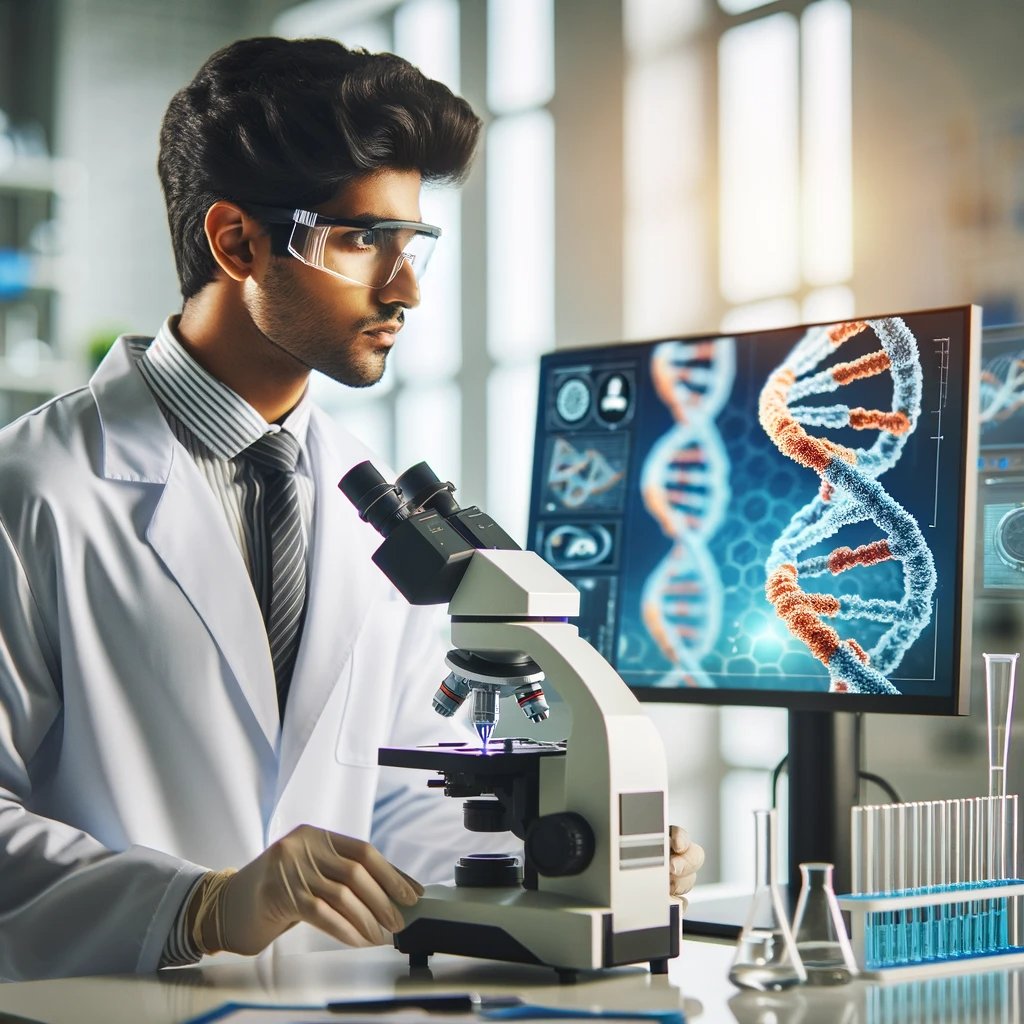 alexisohanian's tweet photo. @Nucleusgenomics I asked DALL-E for a scientist analyzing DNA and then made it progressively more scientific. You're welcome, @KianSadeghi5 #ValueAddVC https://t.co/O7obKlItDo