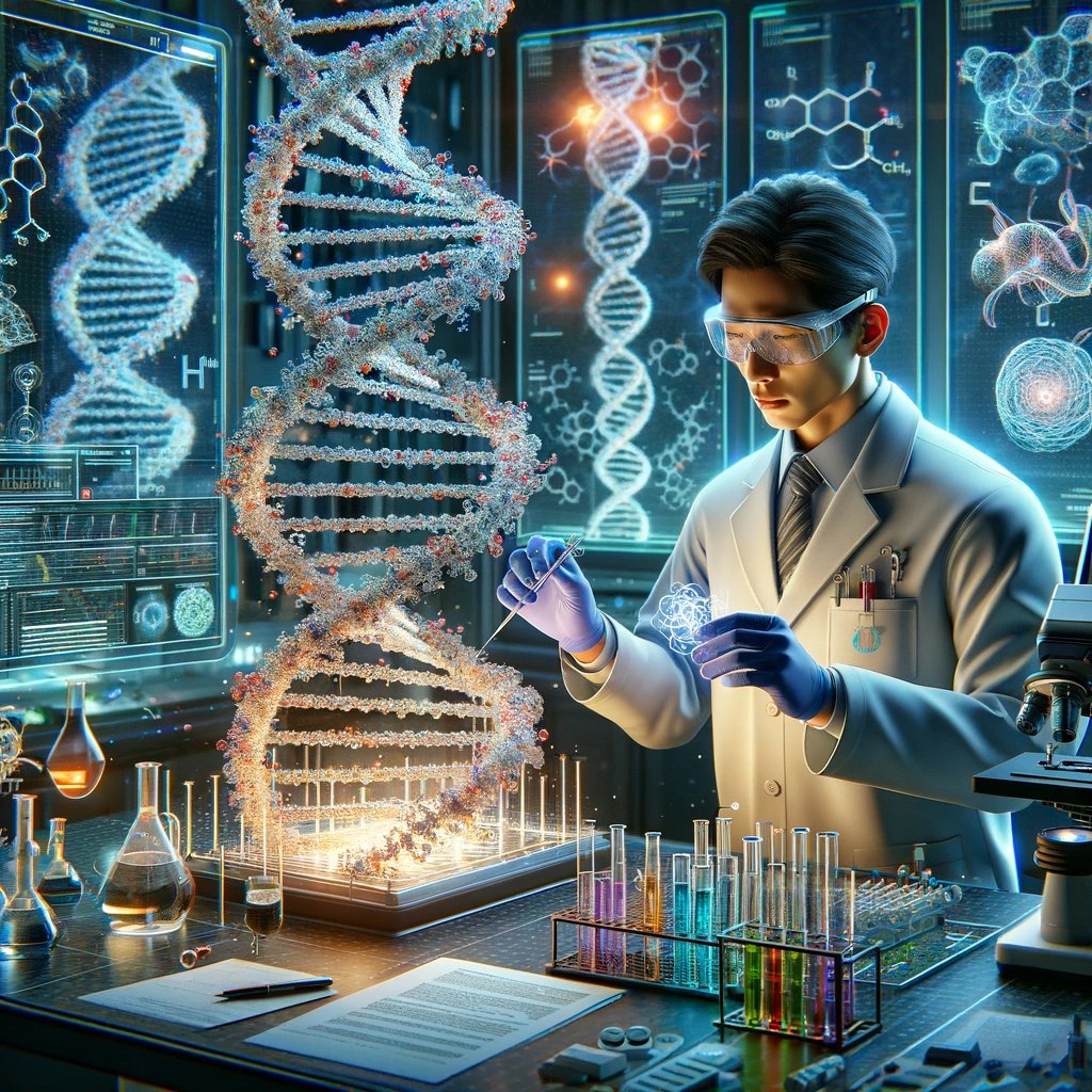 alexisohanian's tweet photo. @Nucleusgenomics I asked DALL-E for a scientist analyzing DNA and then made it progressively more scientific. You're welcome, @KianSadeghi5 #ValueAddVC https://t.co/O7obKlItDo