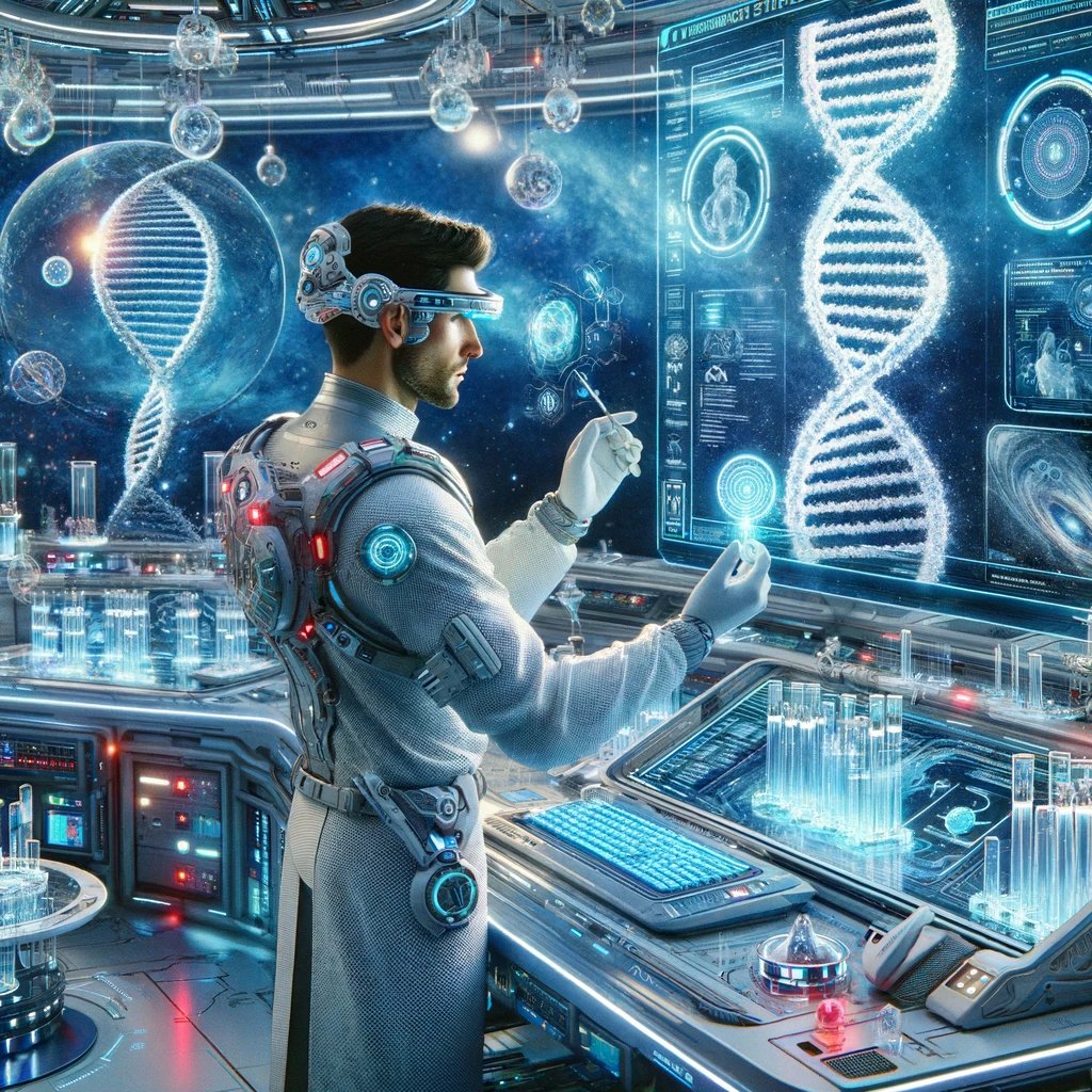 alexisohanian's tweet photo. @Nucleusgenomics I asked DALL-E for a scientist analyzing DNA and then made it progressively more scientific. You're welcome, @KianSadeghi5 #ValueAddVC https://t.co/O7obKlItDo