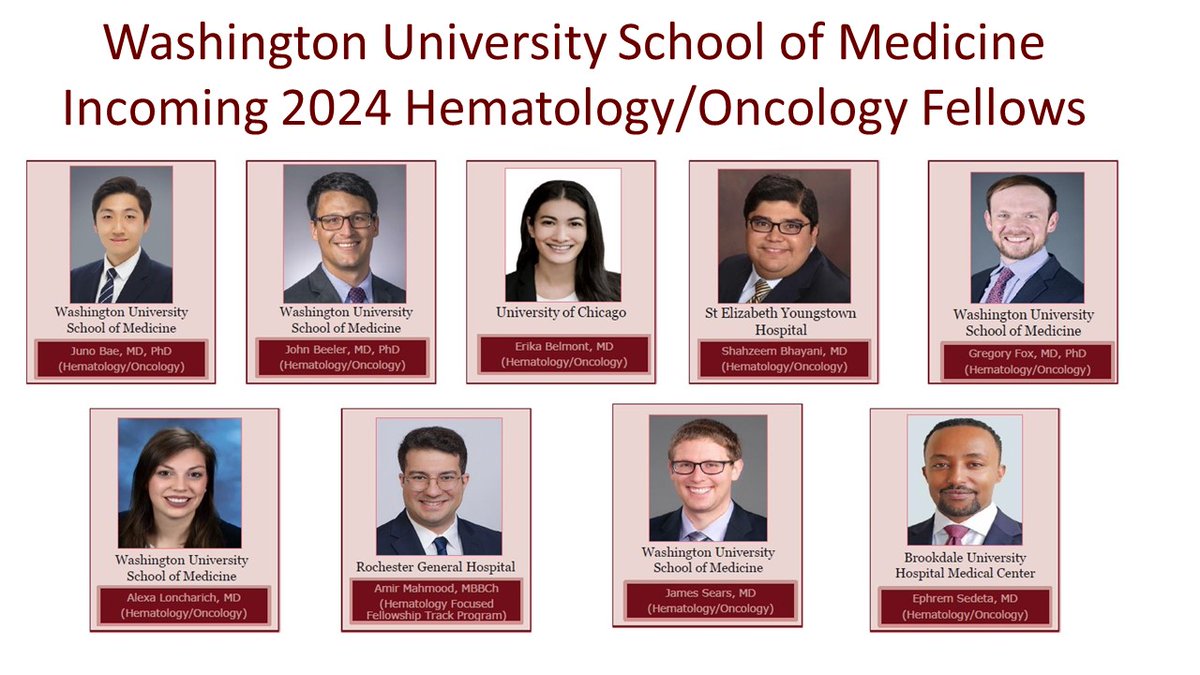We are excited to announce our incoming @WUHemeOncFellow  Hematology-Oncology Fellows for July 2024! 
@WashUOnc @WashUHeme <a href="/SitemanCenter/">Siteman Cancer Center</a> @WUDeptMedicine <a href="/BarnesJewish/">Barnes-Jewish</a> 
@NehaMehtaShahMD <a href="/SanaSaifUrRehm/">Sana Saif Ur Rehman</a> <a href="/mpndoc/">Stephen Oh</a> <a href="/SaiamaWaqar/">Saiama Waqar</a> <a href="/abbyWUim/">Abby Spencer, MD, MS, FACP</a> <a href="/dcoscomd/">Dominique Cosco</a>