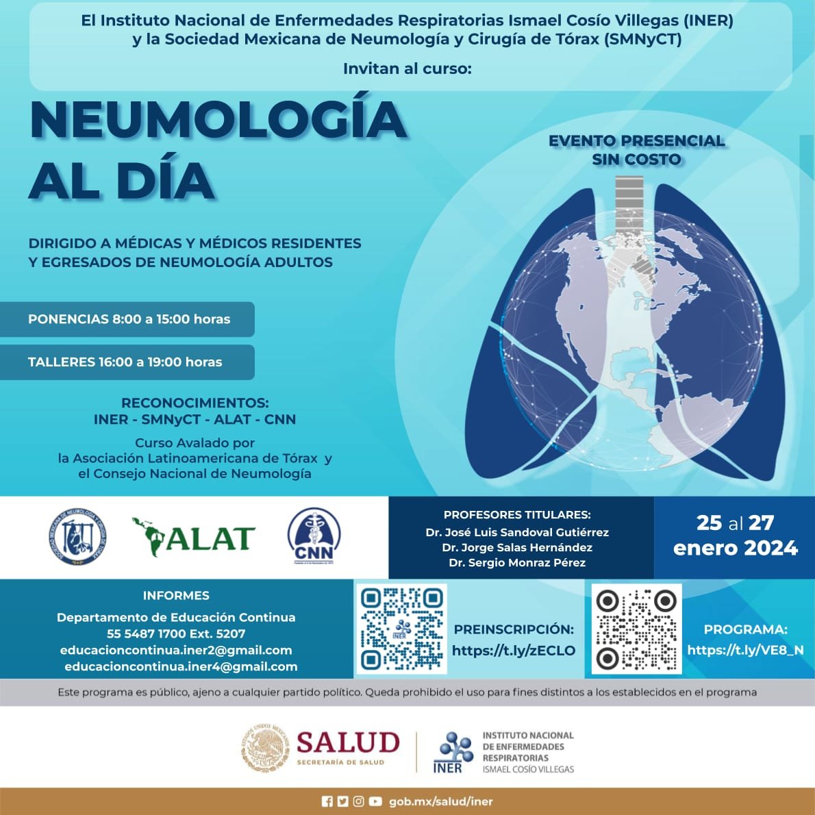 El INER y la SMNyCT invitan 25, 26 y 27 enero 2024 SIN COSTO Preinscripción https:t.ly/zECLO Programa https:t.ly/VE8_N 55 5487 1700 Ext 5207 educacioncontinua.iner2@gmail.com educacioncontinua.iner4@gmail.com smnyct.org/.../curso-pres… ¡Contamos contigo!