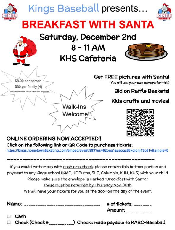 This weekend the Kings Baseball Team is hosting the annual Breakfast With Santa. You won't want to miss out on this event. It's always a crowd-pleaser! Tickets can be purchased here- kingsathletics.com/athletics-tick… or can be purchased at the door. <a href="/Kings_Schools/">Kings Local Schools</a> @Kings_HS <a href="/kingshardball/">Kings Baseball</a>
