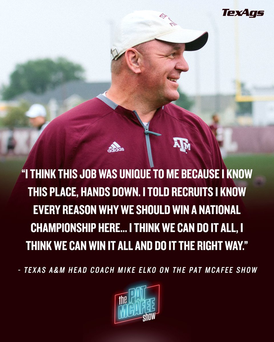 TexAgs's tweet photo. Safe to say the new @AggieFootball head coach impressed on his afternoon national media tour 👍

#GigEm https://t.co/0u4NtvNmsY