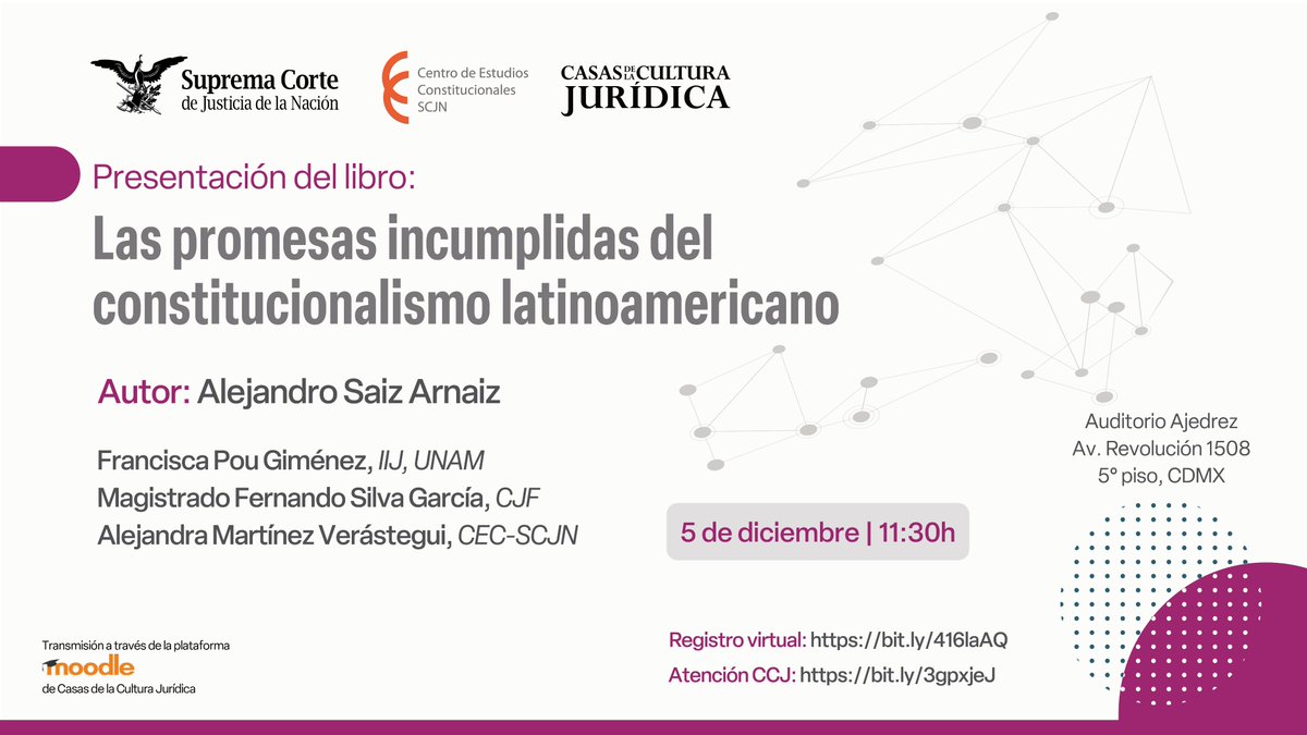 Acompáñanos en la presentación del libro Las promesas incumplidas del constitucionalismo latinoamericano de Alejandro Saiz Arnaiz.   

En colaboración con @CCJSCJN

Registro virtual: bit.ly/416laAQ

Registro presencial: forms.gle/hE53S2mD2b83Yc…
