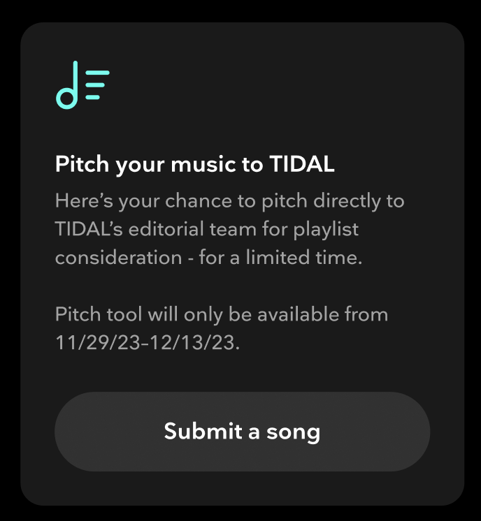 TIDAL's tweet photo. 📣 CALLING ALL ARTISTS 🎶 : Here’s your chance to pitch TIDAL's Editorial team directly! For a limited time, you can submit a song to our team directly in TIDAL Artist Home. If you haven't claimed your profile yet, hit this link! https://t.co/oHcfUrwv8I https://t.co/28KnMPch8N