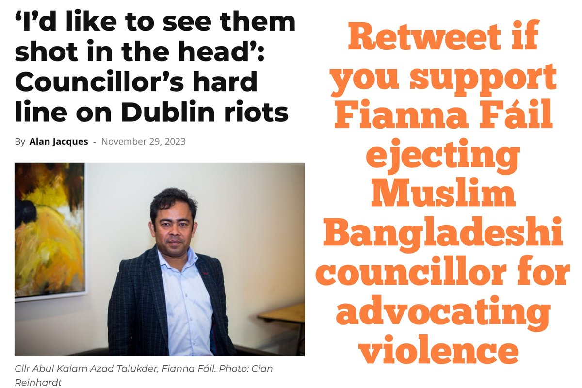 Retweet if you support <a href="/fiannafailparty/">Fianna Fáil</a> ejecting Muslim Bangladeshi councillor for advocating violence. 
limerickpost.ie/2023/11/29/id-…