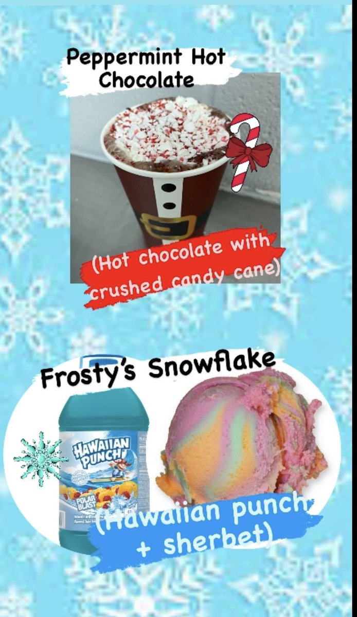 🚨New Specials🚨
Come check out our Peppermint Hot Chocolate &amp; Frosty’s Snowflake drinks this holiday season! ❄️🎄 (recipes created by our very own baristas!) #TisTheSeason