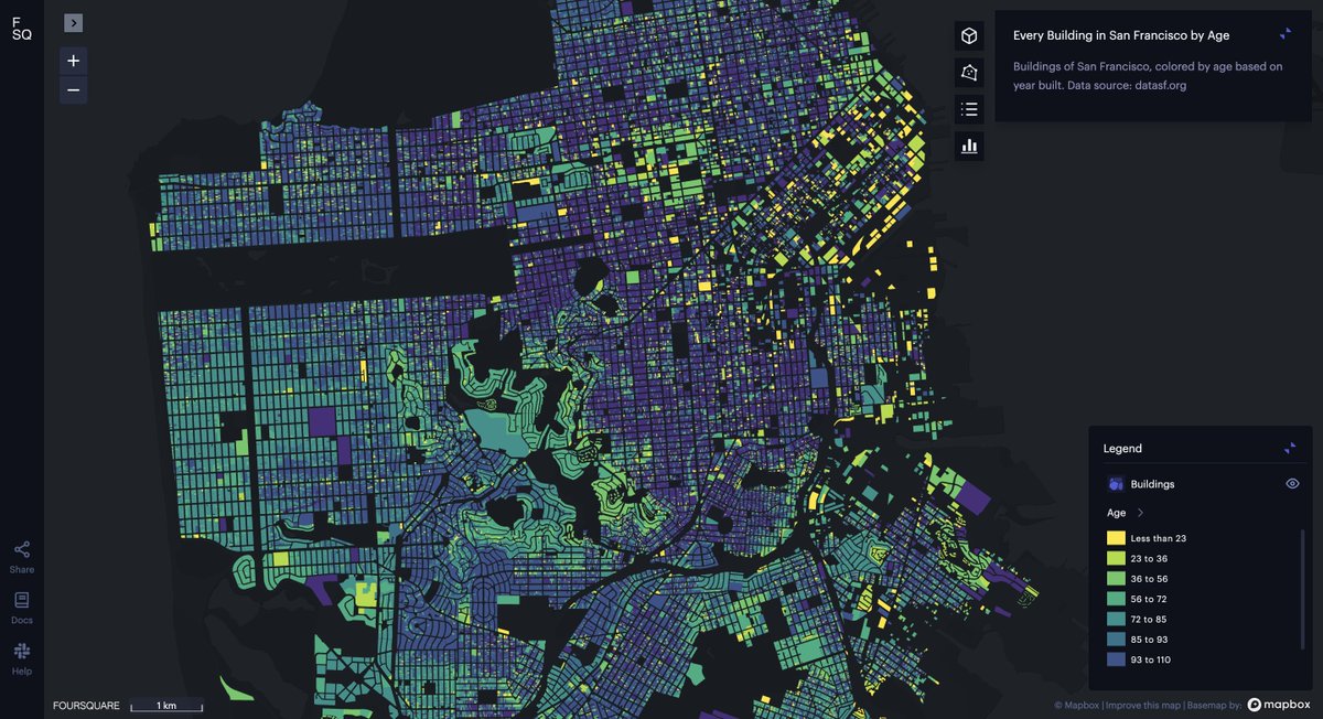 FSQStudio's tweet photo. Less is more, and today's #30DayMapChallenge theme is "Simple." Sr. Director of Engineering Shan He created this representation that shows the age-old secrets of every building in San Fran--- each structure color-coded based on its year of creation. #mapmonth #locationdata https://t.co/pxUZSAvsVk