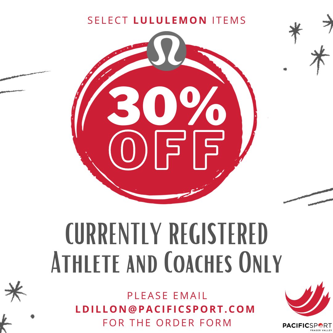 PacificSport Fraser Valley (@pacificsportfv) on Twitter photo Calling all PSFV Athletes and Coaches!
The Lululemon Discount is back!
Please email ldillon@pacificsport.com for the order form.
REMINDER: Ordering is for currently registered athletes and coaches only. All items ordered must be for personal use.
#PSFVAthletes #PSFVCoaches Calling all PSFV Athletes and Coaches!
The Lululemon Discount is back!
Please email ldillon@pacificsport.com for the order form.
REMINDER: Ordering is for currently registered athletes and coaches only. All items ordered must be for personal use.
#PSFVAthletes #PSFVCoaches