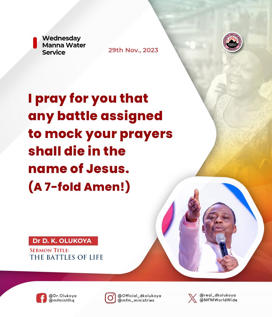 MFMWorldwide's tweet photo. Excerpts from tonight's Manna Water Service.

Topic: THE BATTLES OF LIFE
Text: Job 14:1; Psalm 23:4; 3:1-3; 27:2-3; 118:13; Jeremiah 1:19; John 16:33; 1 Timothy 6:12

#WednesdayMannaWaterService https://t.co/rPr7LAaURU