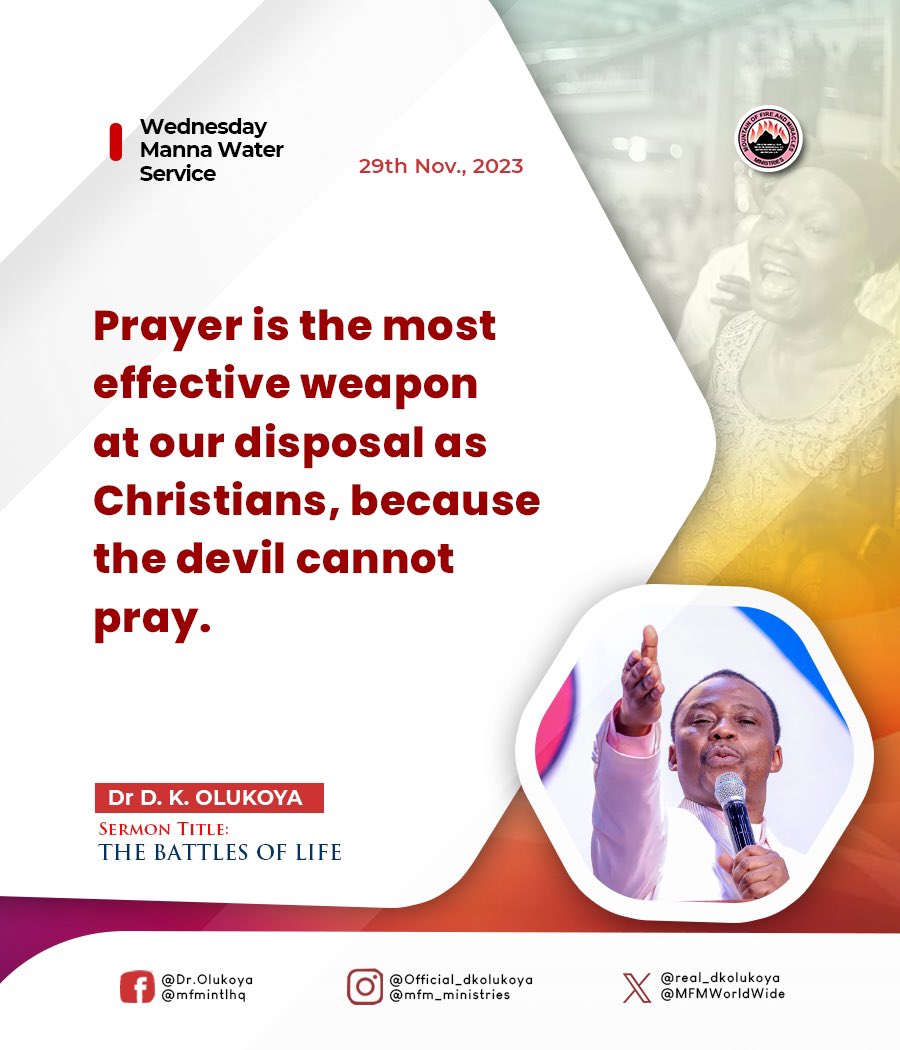 MFMWorldwide's tweet photo. Excerpts from tonight's Manna Water Service.

Topic: THE BATTLES OF LIFE
Text: Job 14:1; Psalm 23:4; 3:1-3; 27:2-3; 118:13; Jeremiah 1:19; John 16:33; 1 Timothy 6:12

#WednesdayMannaWaterService https://t.co/rPr7LAaURU