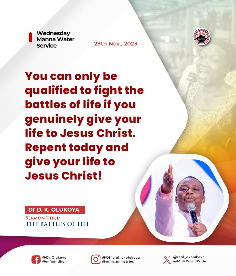 MFMWorldwide's tweet photo. Excerpts from tonight's Manna Water Service.

Topic: THE BATTLES OF LIFE
Text: Job 14:1; Psalm 23:4; 3:1-3; 27:2-3; 118:13; Jeremiah 1:19; John 16:33; 1 Timothy 6:12

#WednesdayMannaWaterService https://t.co/rPr7LAaURU