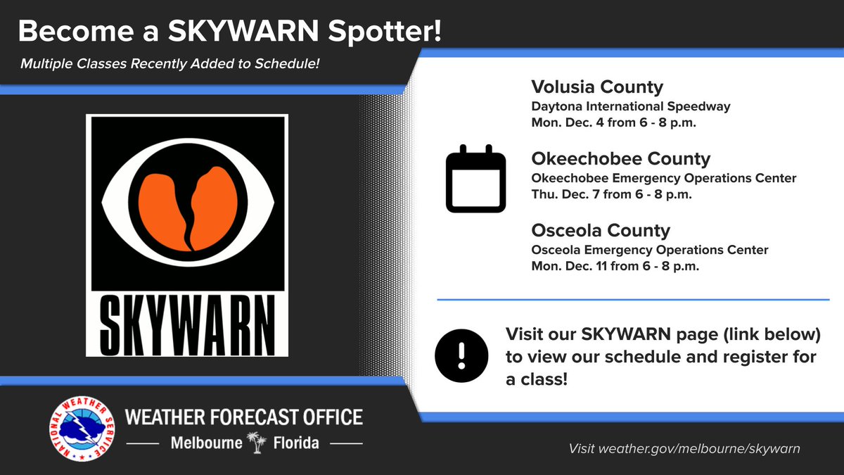 🚨Last call! 🚨 We still have seats available for our upcoming SKYWARN classes next week! You can register for one of these classes at: weather.gov/mlb/skywarn