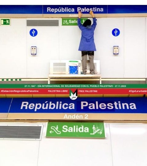 IzcaNacional's tweet photo. En el día internacional de solidaridad con Palestina, activistas de arte urbano @redretro renombran cinco estaciones de Metro de Madrid para denunciar el genocidio palestino. https://t.co/rYU8873SYr