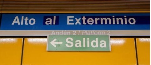 IzcaNacional's tweet photo. En el día internacional de solidaridad con Palestina, activistas de arte urbano @redretro renombran cinco estaciones de Metro de Madrid para denunciar el genocidio palestino. https://t.co/rYU8873SYr