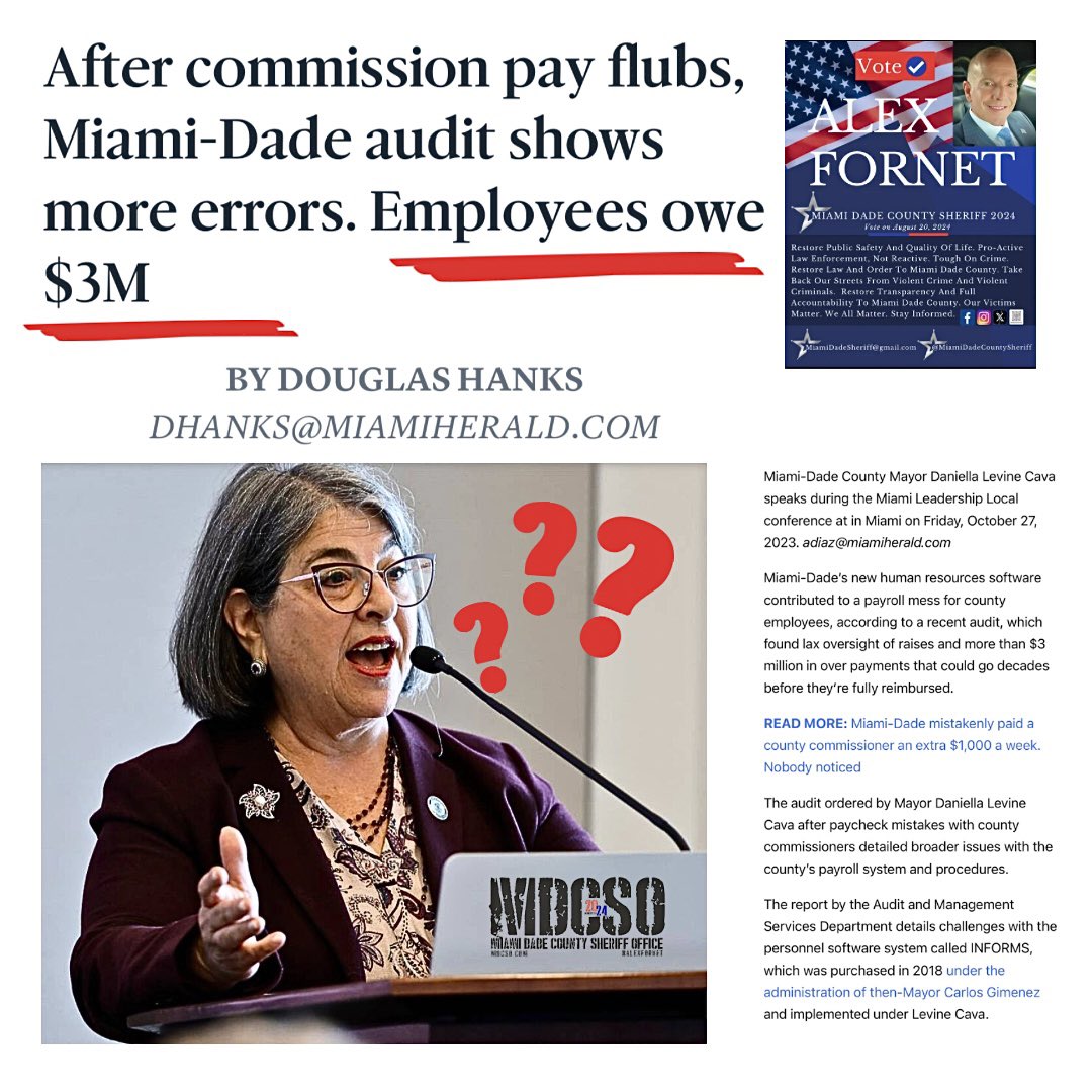 SheriffMiami's tweet photo. After commission pay flubs, Miami-Dade audit shows more errors. Employees owe
$3M #MAYORDANIELLALEVINECAVA #MAYORLEVINECAVA #MAYORCAVA #DANIELLALEVINECAVA #OURCOUNTY #OURCOUNTYMIAMIDADE #MIAMIDADEBCC #SHERIFF2024 #ALEXFORNET #ERRORS #AUDITSMIAMIDADE #TAXPAYERSMIAMIDADE #TAXPAYERS https://t.co/Bqd22DTRCc