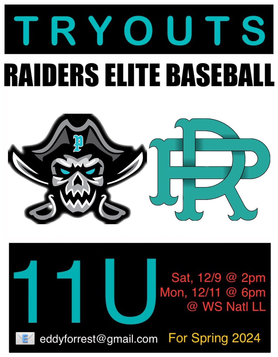 Our 11U Raiders are hosting tryouts to complete their roster for Spring 2024.

See info below and come check out Raider Nation!!! 🏴‍☠️⚾️
<a href="/GCSportsPG/">Gate City Sports</a> 
@PlayNCUSSSA 
<a href="/USSSA_NC/">NC USSSA Sports</a> 
<a href="/usssaterry/">Jason Terry</a> 
@PGYouthCoastal