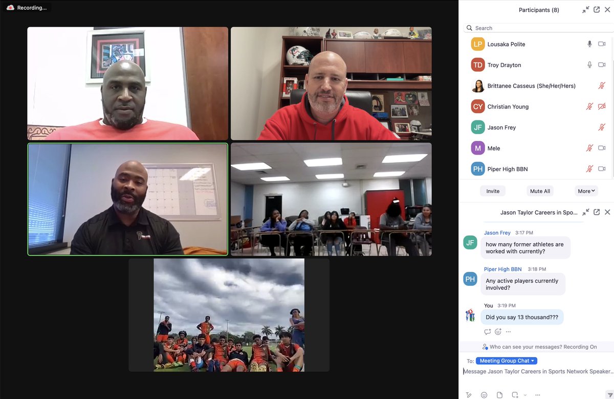 JTFoundation99's tweet photo. Our first #CareersInSports Speaker Series is underway! @LousakaP shares with our students his journey from the gridiron to working with the @MiamiDolphins and @playerstrust. Participating schools include Piper, Dillard, Hallandale, Pompano Beach, and Northeast. https://t.co/33SPQ1LmyR