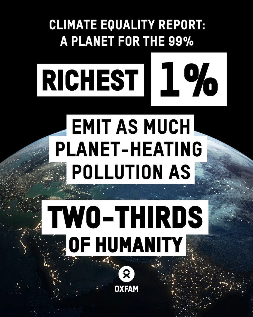 Last year the richest 1% globally were responsible for as much pollution as the bottom 2/3rd of the planet. (+5 billion people)

It would take someone in the 99% 1,500 years to produce as much carbon as the 1% does in a year. 
#MakeRichPollutersPay

makerichpolluterspay.org