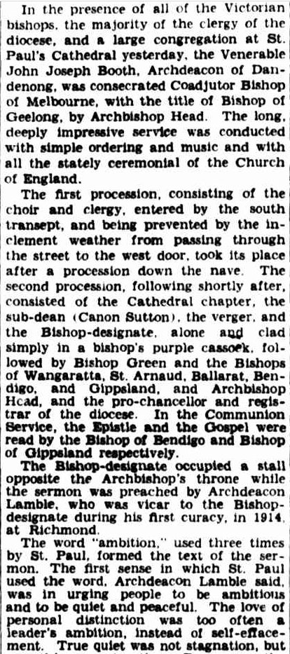 AustAnglican's tweet photo. 30 November 1934: consecration of the Ven. Joseph John Booth (1886-1965), Archdeacon of Dandenong, @StPaulsCathMelb, to be the first Coadjutor Bishop in the Diocese of Melbourne (with the title Bishop of Geelong). #anglican #89years No.92 in the Australian episcopate. https://t.co/F6Jz3aFUd7