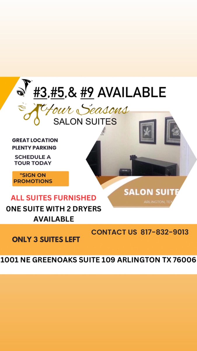 EunicefromEHS's tweet photo. FOUR SEASONS SALON SUITES
1001 NE GREENOAKS SUITE 109
ARLINGTON, TX. 76006
817-832-9013 or DM Me
I 
Only Serious Inquiries Please!

(North OF THE COWBOY’S STADIUM AND ABOUT A MILE FROM THE UPSCALE NEIGHBOR VIRIDIAN HOMES)
GREAT LOCATION AT CORNER OF N. COLLINS AND NE GREENOAKS https://t.co/xtp0t9wXDa